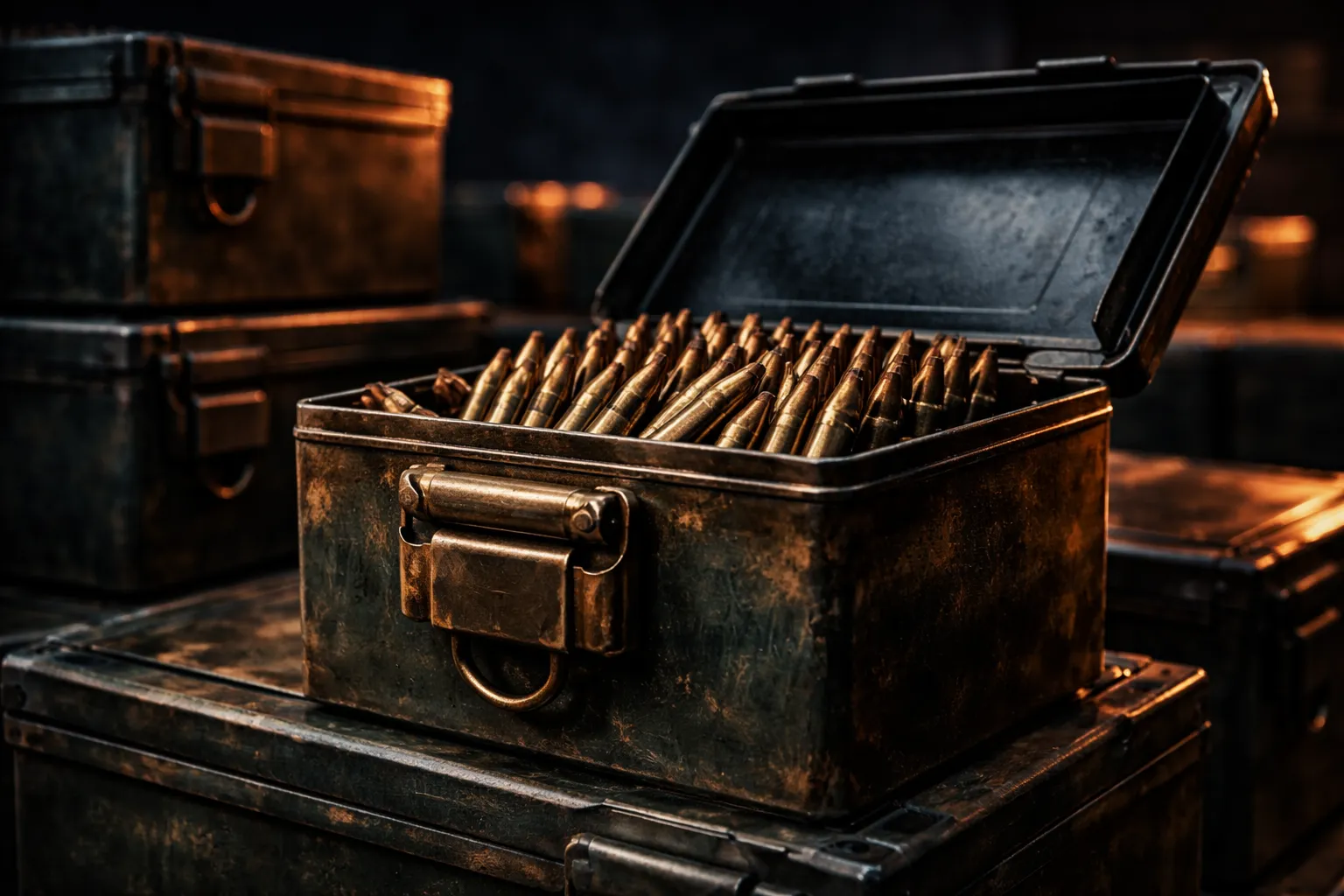 Military ammo cans filled with ammunition